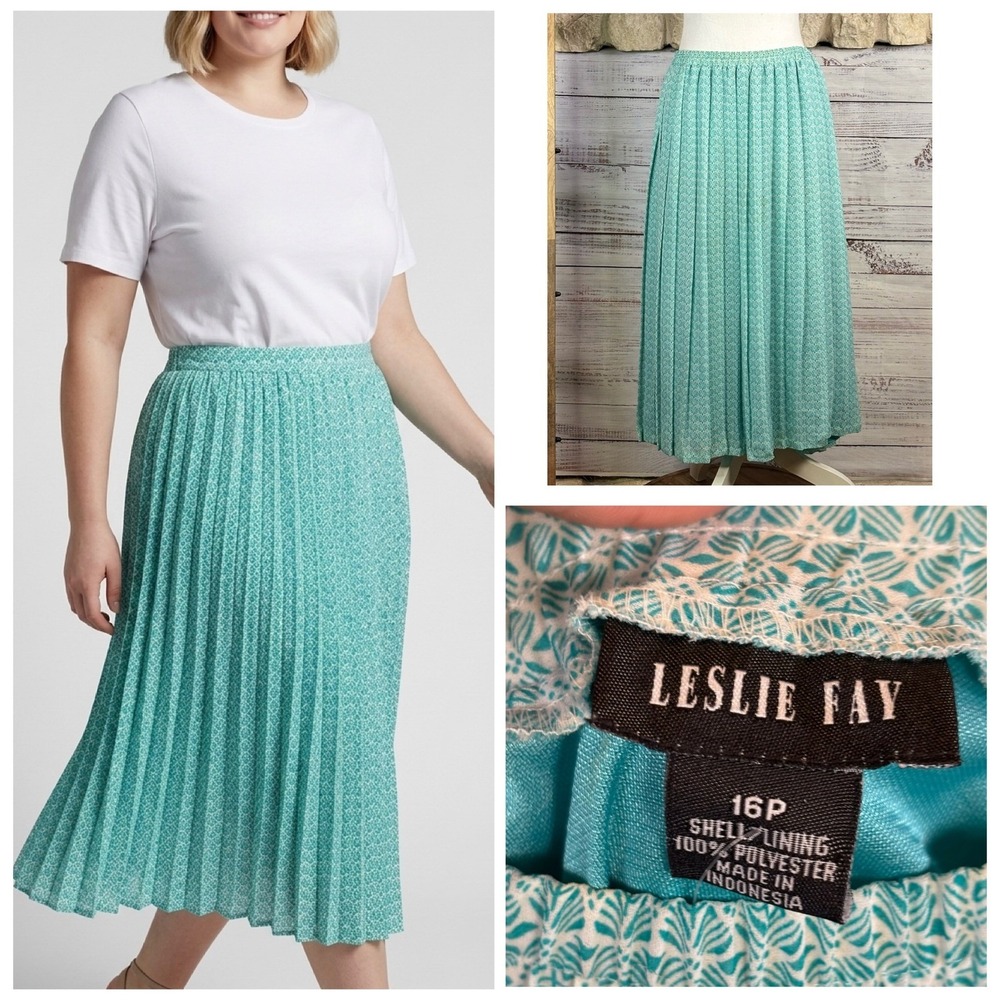 Leslie Fay Teal White Geometric Accordion Pleat Midi Skirt Petite 16P